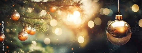 Fototapeta Christmas tree lights up close with a bokeh effect. Christmas Card