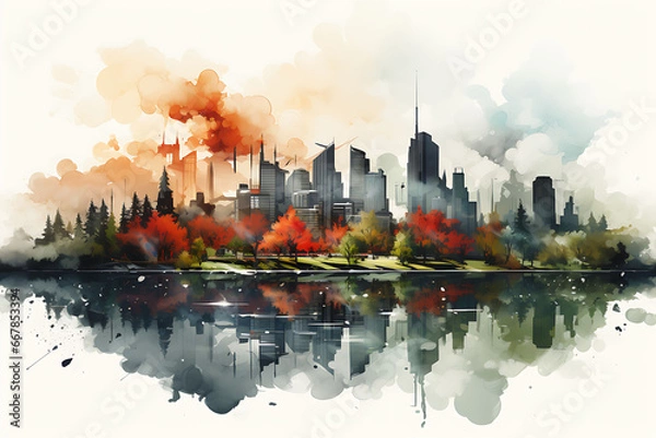 Fototapeta Illustration of a panorama view of the city in White Background