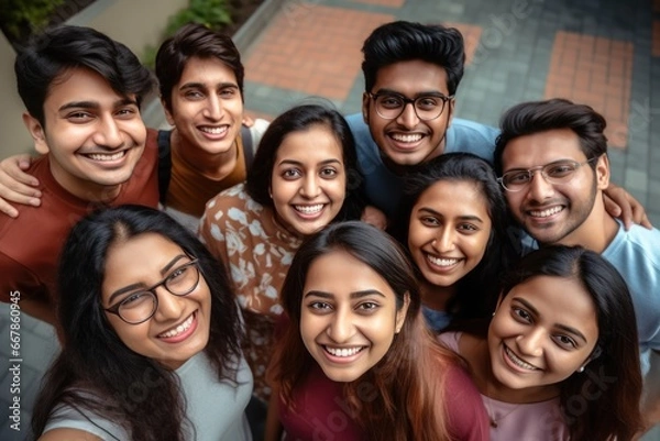 Fototapeta Group of indian youngsters looking at camera top view generative ai
