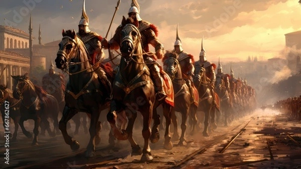 Fototapeta Historic roman army riding on horses created with Generative AI