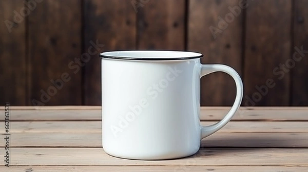 Fototapeta Mockup of white enamel cup. Vintage enameled mug on wooden table mockup. White blank Enamel Mug Mock-up on wooden table background. Blank cup for branding.