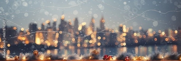 Fototapeta Festive city scene with bokeh and blur effect as background for products, text and logos. Magical and snowy for Christmas.