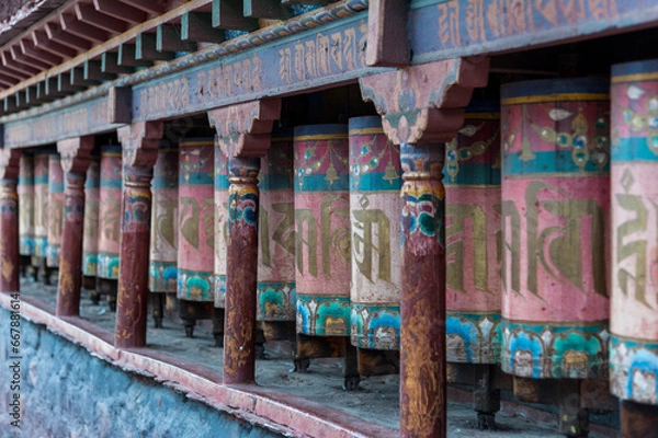 Obraz Tibetan prayer wheels at Sakya Monastery also known as Pel Sakya is a Buddhist monastery situated in Sa'gya Town - Tingri county, Tibet - China