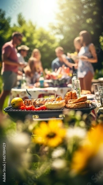 Fototapeta Group of friends having a barbecue party in the park. Selective focus