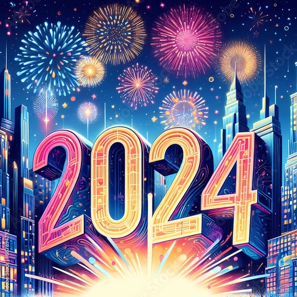 Fototapeta New Year 2024 illustration concept. Colorful New Year 2024 number against the fireworks and city at midnight.