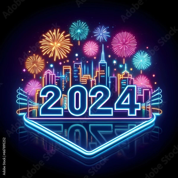 Fototapeta New Year 2024 illustration concept. Neon New Year 2024 number against the fireworks and city at midnight.