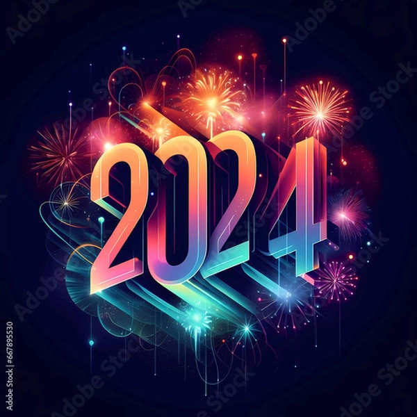 Fototapeta New Year 2024 illustration concept. Colorful New Year 2024 number against the fireworks.