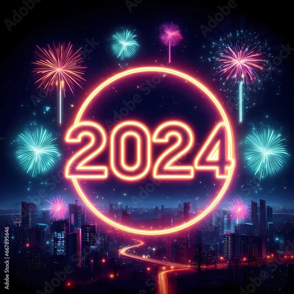 Fototapeta New Year 2024 illustration concept. Neon New Year 2024 number against the fireworks and city at midnight.