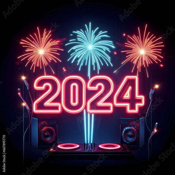 Fototapeta New Year 2024 illustration concept. Dj set and New Year 2024 neon sign.