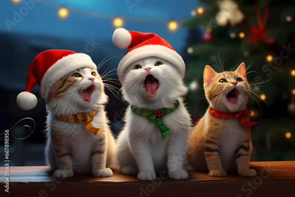 Obraz Three kitten singing carols, two wearing Santa hat, Christmas fun