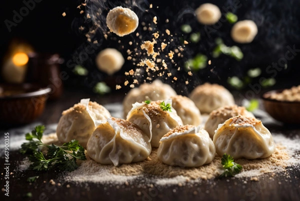 Fototapeta dumplings on dark background, dynamic