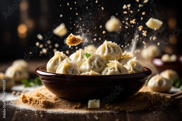 Fototapeta dumplings on dark background, dynamic