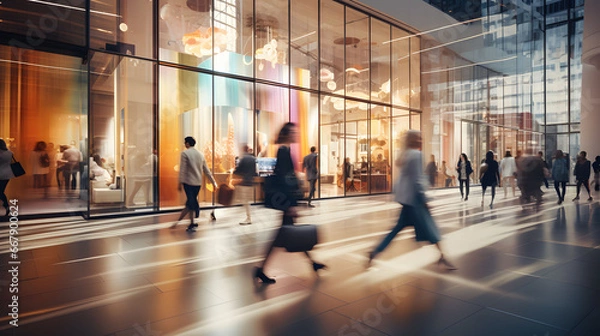 Fototapeta Blurred background of a modern shopping mall with some shoppers. Shopping concept.
