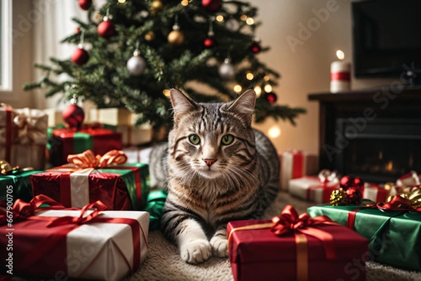 Fototapeta Cat by a christmas tree