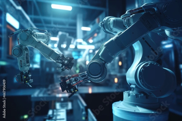 Fototapeta Operating robot arm in the factory