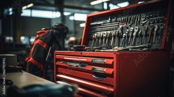 Obraz A Selective focus of mechanic's toolbox with tools in drawers, blurred background, auto mechanic in workshop.