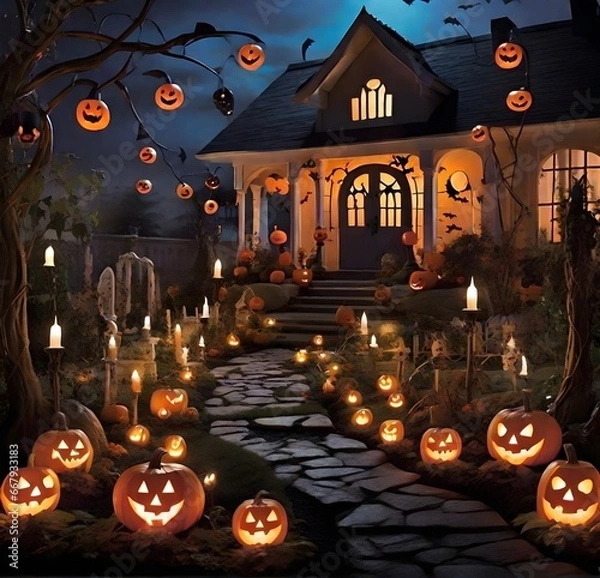 Fototapeta halloween house with pumpkin