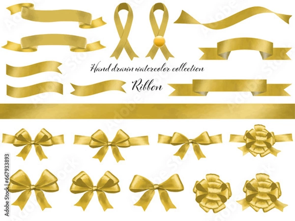 Fototapeta 金色のリボンセット　豪華で美しい黄金のリボンセット　クリスマス　お誕生日　お祝い事　贈物　商品　さまざまな用途で