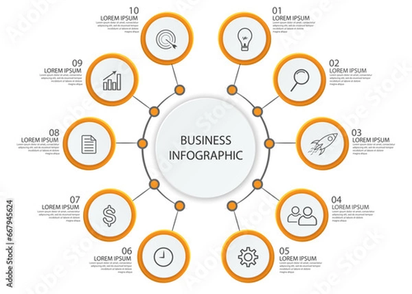 Fototapeta Business Infographic Template Design. Time line minimal concept with 10 options steps and marketing icons. Vector linear infographic with ten connected elements. Can be used for your business gifts