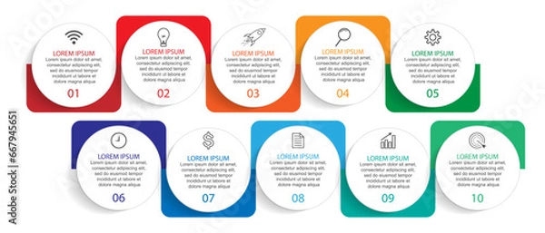 Fototapeta Business Infographic Template Design. Time line minimal concept with 10 options steps and marketing icons. Vector linear infographic with ten connected elements. Can be used for your business gifts