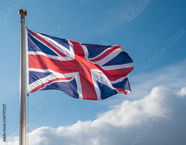 Obraz Close up view of an UK flag waving on a flagpole, with blue sky background and copy space