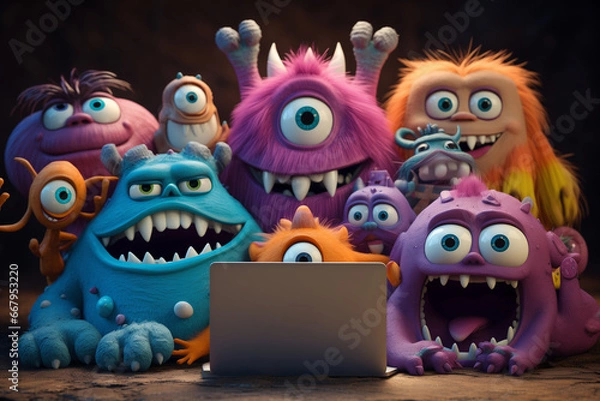 Fototapeta Cute little monsters having a video call around a tablet — Generative AI