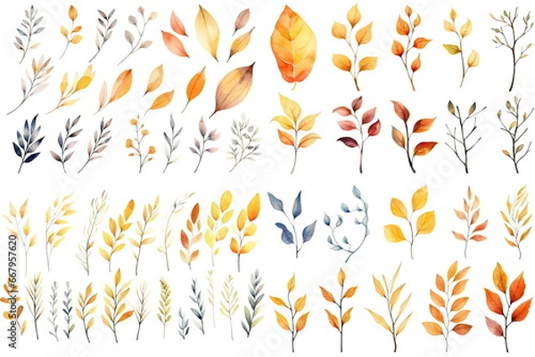 Fototapeta Watercolor set of fall branches on white background
