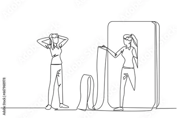 Fototapeta Continuous one line drawing of businesswoman standing facing businessman getting out of big smartphone holding long bill. Surprised by number of bills from business partners. Single line design vector