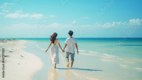 Obraz 手をつないで浜辺を歩く若いカップル