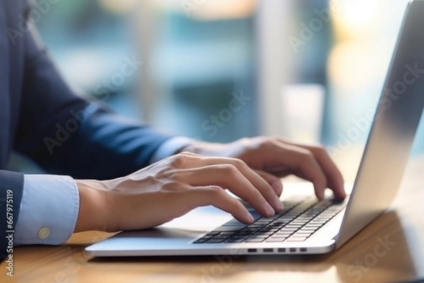 Obraz Man In A Business Suit Behind A Laptop Created Using Artificial Intelligence