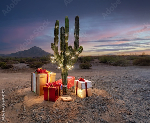 Obraz A festive Christmas cactus with illuminated decorations and gifts in a desert landscape at sunset