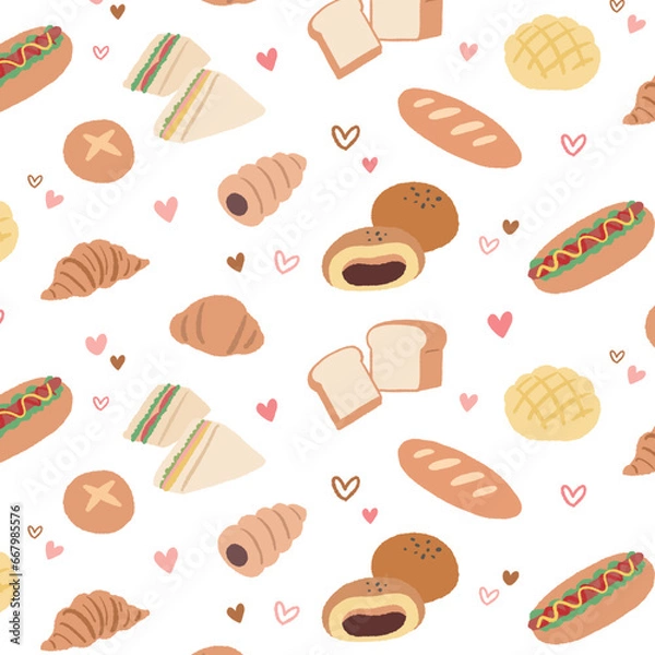 Fototapeta 色々なかわいいパンのイラストのシームレスパターン