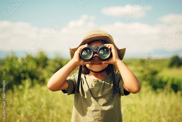 Fototapeta Little boy looking through binoculars in the park. Kid exploring nature