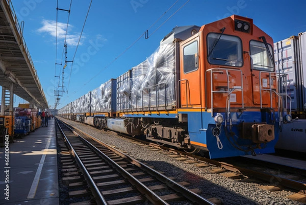 Fototapeta Freight train on the tracks. Pallets with goods on the platform. A pile of cartons