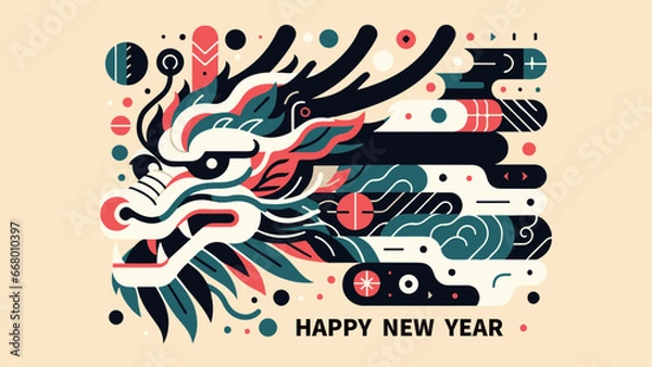 Fototapeta Happy New Year greeting card. Dragon Year lettering. Vector illustration. Generative AI.