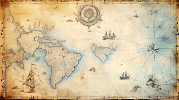 Obraz Blue medieval old nautical map background. generative AI.