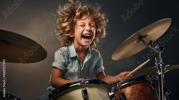 Fototapeta A joyful child is playing drums on a studio background with copy space. Creative banner for children's music school
