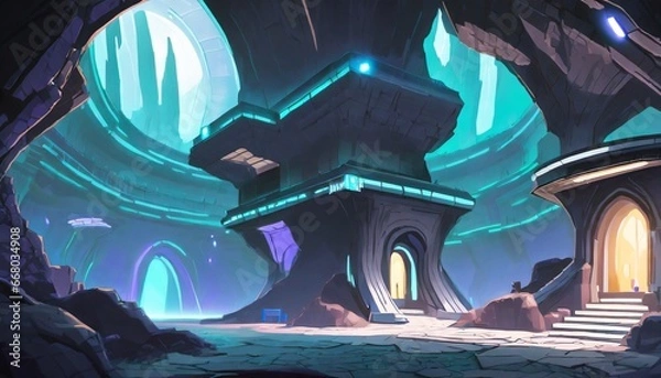 Fototapeta Mystery Cave with Science Fiction Building. Video Game Digital CG Artwork, Concept Illustration, Realistic Cartoon Style Background. Mythical 3D image of extraordinary landscape