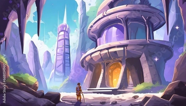 Fototapeta Mystery Cave with Science Fiction Building. Video Game Digital CG Artwork, Concept Illustration, Realistic Cartoon Style Background. Mythical 3D image of extraordinary landscape