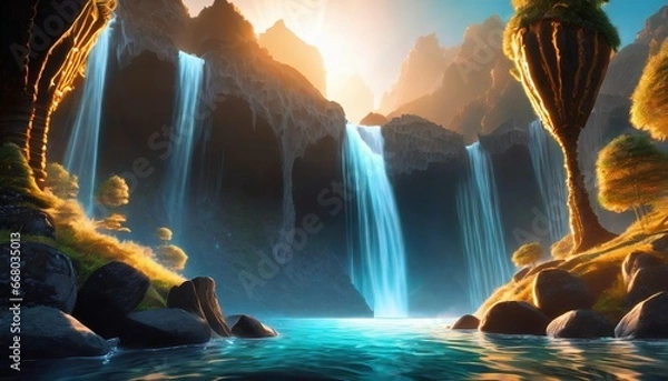 Fototapeta Mystery Cave with Science Fiction Building. Video Game Digital CG Artwork, Concept Illustration, Realistic Cartoon Style Background. Mythical 3D image of extraordinary landscape