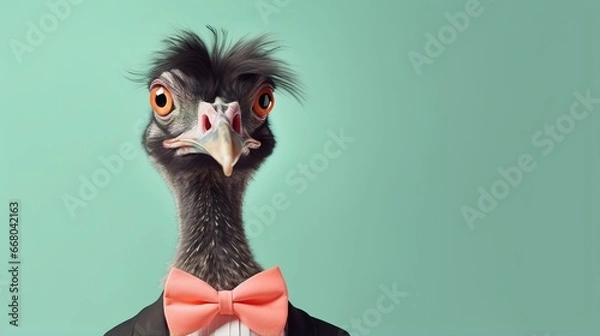 Fototapeta ptak emu w stroju imprezowym: kolorowy kapelusz w kształcie stożka, naszyjnik i muszka na pastelowym tle z przestrzenią do kopiowania - kreatywna koncepcja zwierząt na zaproszenie na przyjęcie urodzinowe