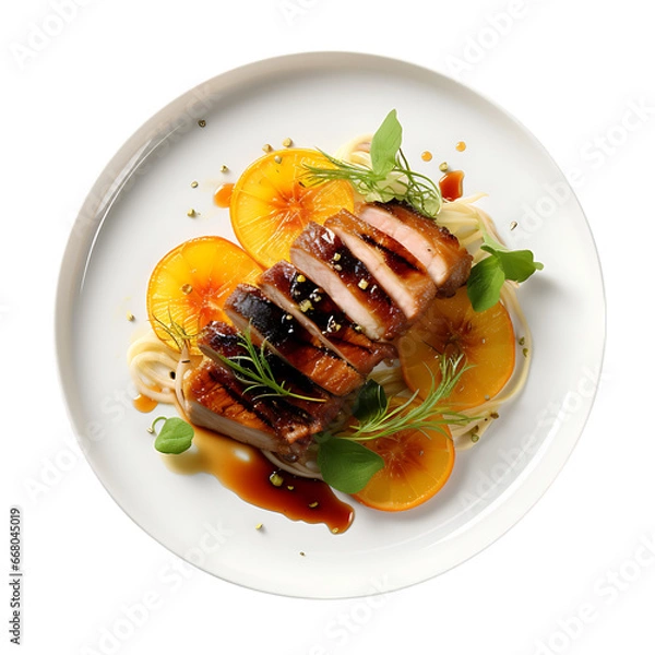 Fototapeta Top View of Gourmet Duck à l'Orange on White Isolated on Transparent or White Background, PNG