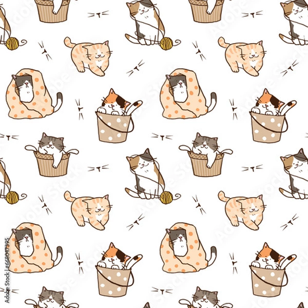 Fototapeta Seamless Pattern of Cartoon Cute Cat Design on White Background