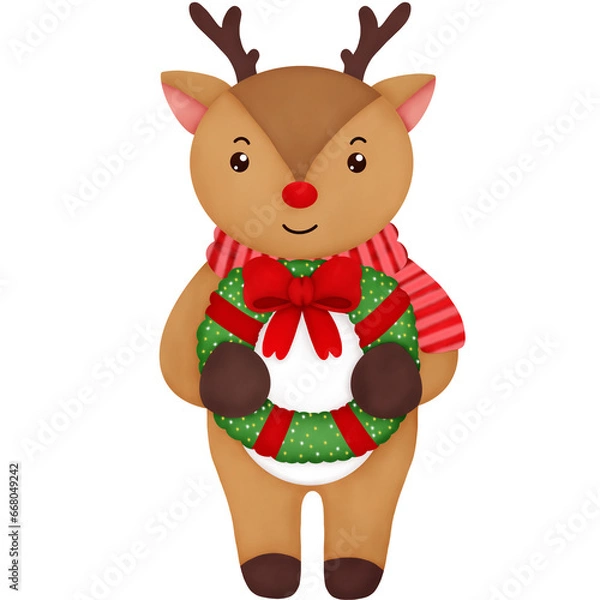 Fototapeta A watercolor reindeer in a red scarf is standing and holding a Christmas wreath