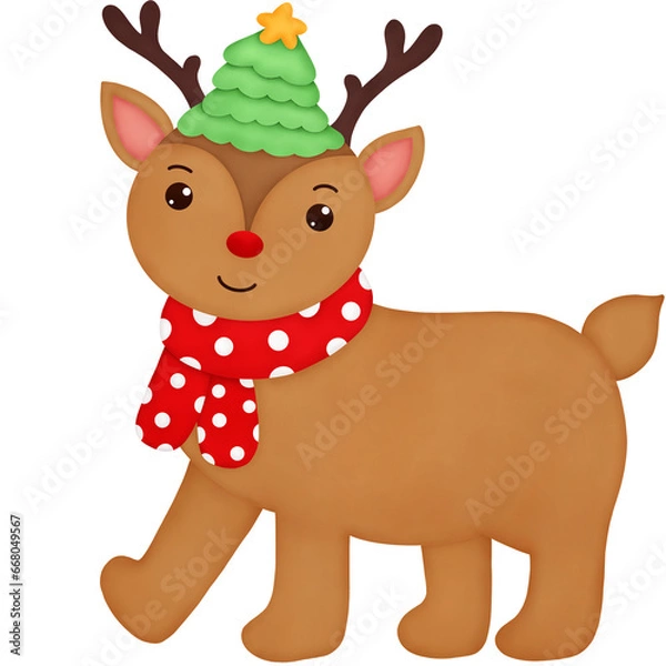 Fototapeta A watercolor reindeer wears a red polka dot scarf on his head and a Christmas tree hat