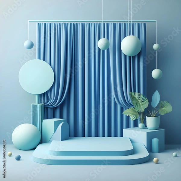 Fototapeta Stand podium wall scene blue background, stage showcase, promotion display.