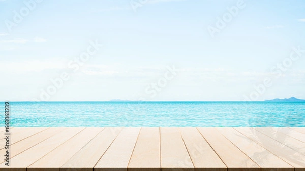 Fototapeta Summer Sea Table Background, Desk Mockup Product Tropical on Blue Ocean Cloud Sky at Coast Island Landscape Beautiful Image, Wood Floor Top Stage Podium Empty for Presentation Display, Nature.