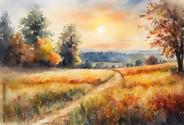Fototapeta Watercolor painting of autumn meadow with small wildflowers during late autumn sunset with a sunflares in the background. Generative AI.