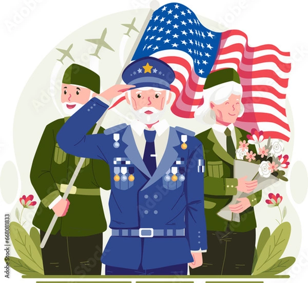 Obraz A Group of Veterans With an American Flag and Holding Flowers Saluting and Celebrating Veterans Day