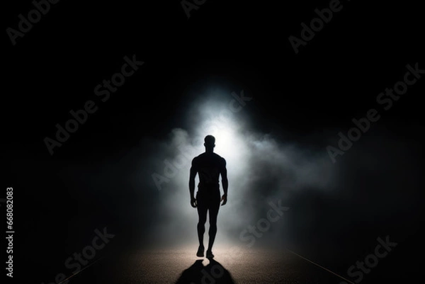 Fototapeta Silhouette of a basketball player walking against the background of smoke and sports spotlights.